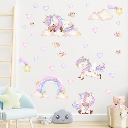 Unicorn Rainbow Wall Decal, Watercolor Wall Sticker, Nursery Mural, Baby Girl Wall Art, Pastel Colored Hearts in Saudi Arabia