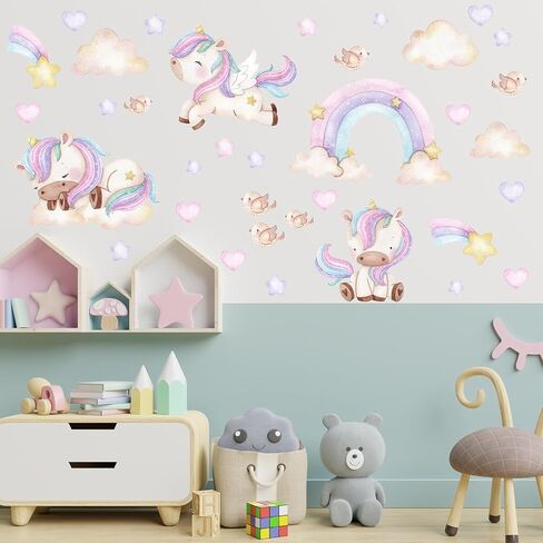 Unicorn Rainbow Wall Decal, Watercolor Wall Sticker, Nursery Mural, Baby Girl Wall Art, Pastel Colored Hearts in Saudi Arabia