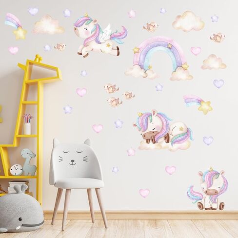 Unicorn Rainbow Wall Decal, Watercolor Wall Sticker, Nursery Mural, Baby Girl Wall Art, Pastel Colored Hearts in Saudi Arabia