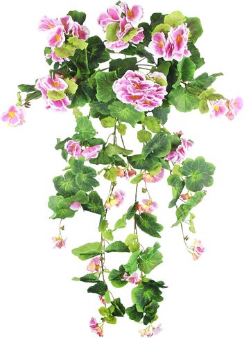 Artificial Flower for Hanging Basket Artificial Geranium Hanging Basket Silk Plant Green Faux Flowers Geranium Hanging Artificial Vine Silk Geranium Flowers for Outdoor Pot Patio Garden Decor in Saudi Arabia