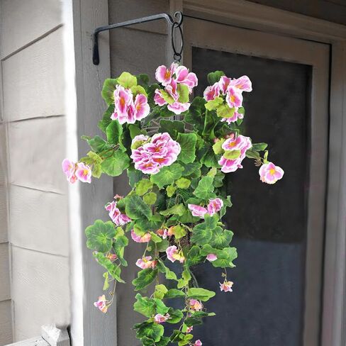 Artificial Flower for Hanging Basket Artificial Geranium Hanging Basket Silk Plant Green Faux Flowers Geranium Hanging Artificial Vine Silk Geranium Flowers for Outdoor Pot Patio Garden Decor in Saudi Arabia