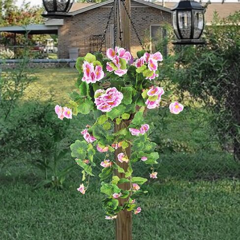 Artificial Flower for Hanging Basket Artificial Geranium Hanging Basket Silk Plant Green Faux Flowers Geranium Hanging Artificial Vine Silk Geranium Flowers for Outdoor Pot Patio Garden Decor in Saudi Arabia