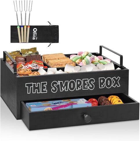 Smores Kit for Fire Pit, Smores Caddy Organizer for S'Mores Station, S'Mores Bar Holder with 4 Extendable Smores Sticks, Smores Tray Organizer for Party, Outdoor Camping and Bonfires(No Dessert) in Saudi Arabia