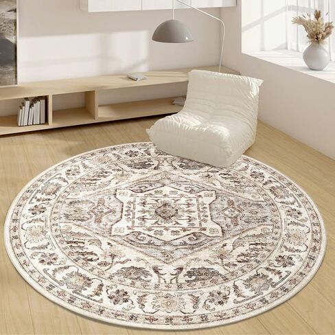 Round Rug 6ft Washable Area Rug, Vintage Rug Indoor Floor Cover Print Distressed, Multi Circle Rug 6x6 Chenille Accent Rug, Kitchen Living Room Bedroom Dining Room (Brown and Beige, 6x6)…… in Saudi Arabia