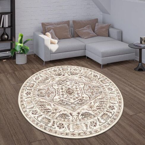 Round Rug 6ft Washable Area Rug, Vintage Rug Indoor Floor Cover Print Distressed, Multi Circle Rug 6x6 Chenille Accent Rug, Kitchen Living Room Bedroom Dining Room (Brown and Beige, 6x6)…… in Saudi Arabia