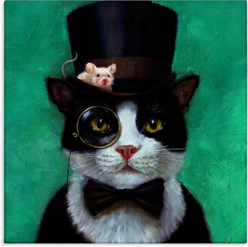 Stupell Industries Good Sir Top Hat Cat مع فأر ولوحة جدارية أحادية اللون باللون الفيروزي، مقاس 12 × 12، متعددة الألوان in Saudi Arabia