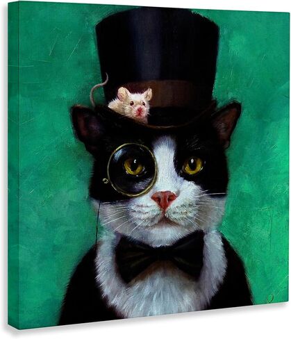 Stupell Industries Good Sir Top Hat Cat مع فأر ولوحة جدارية أحادية اللون باللون الفيروزي، مقاس 12 × 12، متعددة الألوان in Saudi Arabia