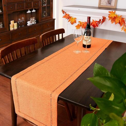Grelucgo Farmhouse Rustic Hemstitched Orange Yellow Table Runner for Fall, Autumn, Halloween and Thanksgiving (14 x 48 inches) in Saudi Arabia