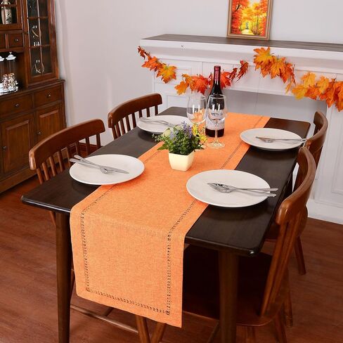 Grelucgo Farmhouse Rustic Hemstitched Orange Yellow Table Runner for Fall, Autumn, Halloween and Thanksgiving (14 x 48 inches) in Saudi Arabia