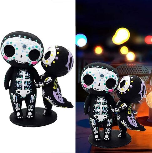 Sugar Skull Couple Figurine Statue Couples Cute Skeleton Mexican Halloween Day of The Dead Figurines Decor(Parent-Child) in Saudi Arabia