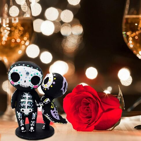 Sugar Skull Couple Figurine Statue Couples Cute Skeleton Mexican Halloween Day of The Dead Figurines Decor(Parent-Child) in Saudi Arabia
