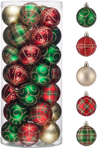 Valery Madelyn Christmas Tree Ornaments Set, 35ct Red Green and Gold Shatterproof Christmas Tree Decorations Bulk, 2.36 Inches Traditional Country Hanging Ball Ornaments for Xmas Trees Holiday Decor in Saudi Arabia