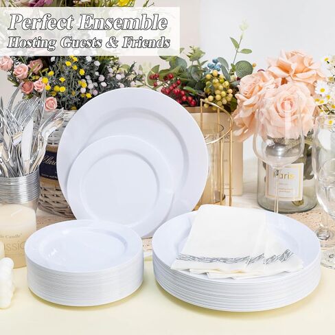 200PCS White Plastic Plates Set, 100 10.25 inch Dinner Plates and 100 7.5 inch Dessert Plates, Premium Disposable Plates for Party, Wedding in Saudi Arabia