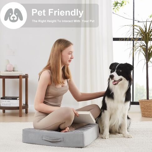 JKMAX 22 inches Floor Pillow for Adults - Large Meditation Cushion with Thick Foam & Soft Tufted Cover - Premium Outdoor Square Floor Cushion Seat - Yoga Pillows for Sitting On Floor - Light Gray in Saudi Arabia