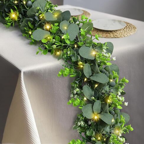 2 Pack Artificial Eucalyptus Garland 6 FT Vines with Fairy Lights Faux Greenery Hanging Fake Green Plant Lighted Christmas Garland for Mantle Bedroom Fireplace Table Wall Wedding Birthday Decoration in Saudi Arabia