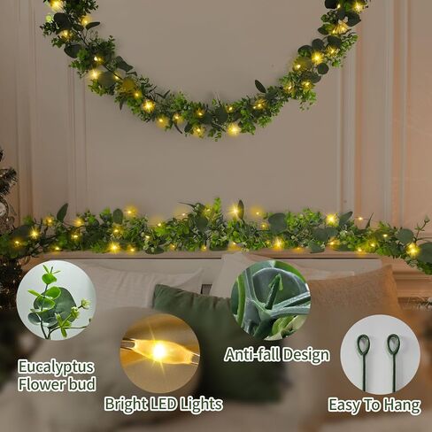 2 Pack Artificial Eucalyptus Garland 6 FT Vines with Fairy Lights Faux Greenery Hanging Fake Green Plant Lighted Christmas Garland for Mantle Bedroom Fireplace Table Wall Wedding Birthday Decoration in Saudi Arabia