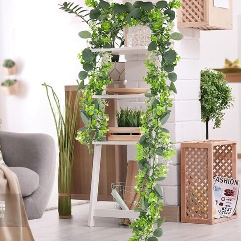 2 Pack Artificial Eucalyptus Garland 6 FT Vines with Fairy Lights Faux Greenery Hanging Fake Green Plant Lighted Christmas Garland for Mantle Bedroom Fireplace Table Wall Wedding Birthday Decoration in Saudi Arabia