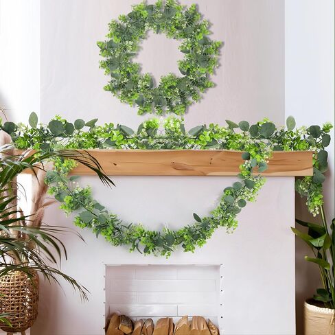 2 Pack Artificial Eucalyptus Garland 6 FT Vines with Fairy Lights Faux Greenery Hanging Fake Green Plant Lighted Christmas Garland for Mantle Bedroom Fireplace Table Wall Wedding Birthday Decoration in Saudi Arabia
