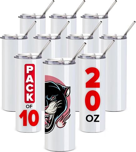 Rumbl Tumblz Pack of 6 White 20 Oz. Sublimation Tumblers | Blank Tumblers with Lid & Straws | Stainless Steel Insulated Double-Wall Straight Sublimation Cups Bulk | Individually-Boxed Skinny Tumblers in Kuwait