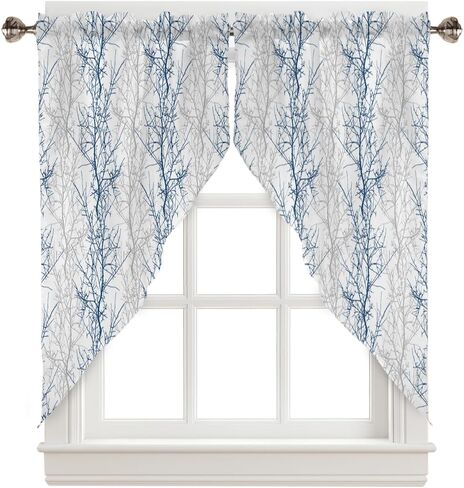 Navy Blue Grey Branch Swag Curtains for Living Room/Bedroom, Spring Summer Pastoral Botanical Swag Kitchen Curtain Valances for Windows, Tier Topper Scalloped Curtain 2 Panels, 56"W x 36"L in Saudi Arabia