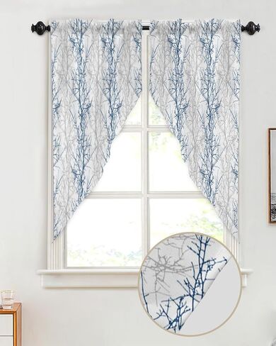 Navy Blue Grey Branch Swag Curtains for Living Room/Bedroom, Spring Summer Pastoral Botanical Swag Kitchen Curtain Valances for Windows, Tier Topper Scalloped Curtain 2 Panels, 56"W x 36"L in Saudi Arabia