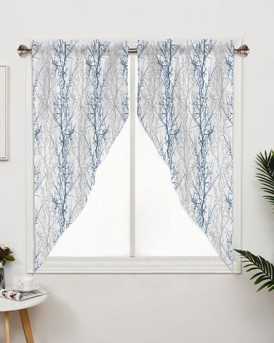 Navy Blue Grey Branch Swag Curtains for Living Room/Bedroom, Spring Summer Pastoral Botanical Swag Kitchen Curtain Valances for Windows, Tier Topper Scalloped Curtain 2 Panels, 56"W x 36"L in Saudi Arabia