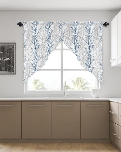 Navy Blue Grey Branch Swag Curtains for Living Room/Bedroom, Spring Summer Pastoral Botanical Swag Kitchen Curtain Valances for Windows, Tier Topper Scalloped Curtain 2 Panels, 56"W x 36"L in Saudi Arabia