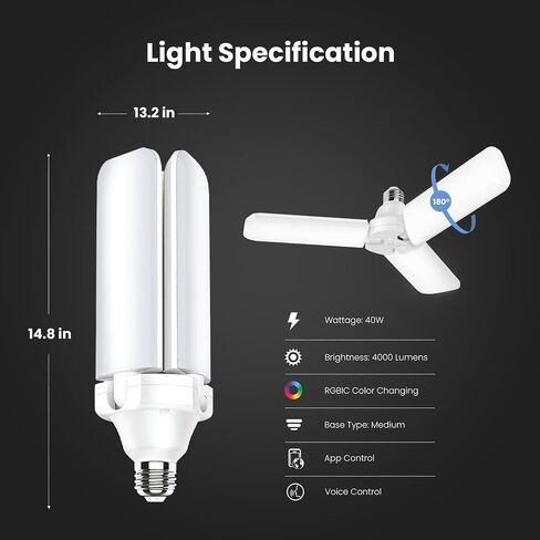 Feit Electric Smart LED Garage Light, RGBW 3 Panel, WiFi 2.4GHz, Screw-in LED Shop Light Bulb, Works with Alexa and Google Home Assistant, E26, 4000 Lumens, Garage Ceiling Light, ADJ4000/RGBW/LED/AG in Saudi Arabia