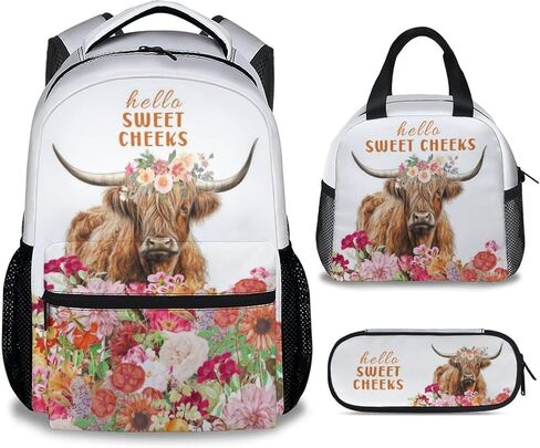 Mercuryelf Highland Cow Girls Boys Backpack with Lunch Box Set, 3 in 1 School Backpacks Matching Combo, Fashion White Bookbag and Pencil Case Bundle in Saudi Arabia