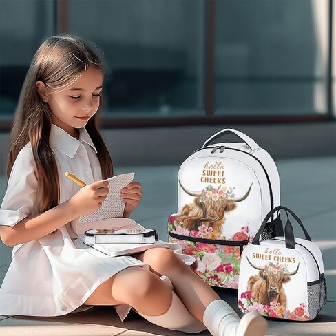 Mercuryelf Highland Cow Girls Boys Backpack with Lunch Box Set, 3 in 1 School Backpacks Matching Combo, Fashion White Bookbag and Pencil Case Bundle in Saudi Arabia