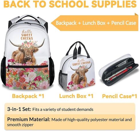 Mercuryelf Highland Cow Girls Boys Backpack with Lunch Box Set, 3 in 1 School Backpacks Matching Combo, Fashion White Bookbag and Pencil Case Bundle in Saudi Arabia