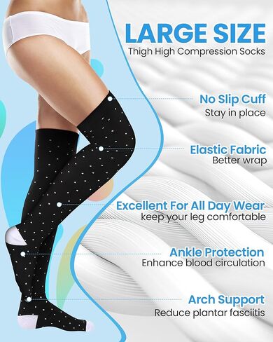 6 Pcs Large Size Thigh High Compression Stockings for Women & Men 20-30 mmHg Wide Calf Knee Support Socks for Circulation in Saudi Arabia