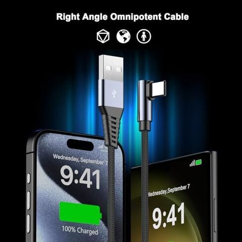 USB Type C Cable, 2 Pack 6FT Long USB A to Right Angle USB C Charger Cable Nylon Braided Fast Charging Data Sync Cord for iPhone 15/15 Plus/15 Pro/15 Pro Max, iPad Pro/Air/Mini, Galaxy S23/S22/S21/S20 in Kuwait