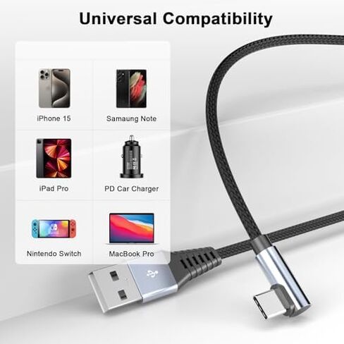 USB Type C Cable, 2 Pack 6FT Long USB A to Right Angle USB C Charger Cable Nylon Braided Fast Charging Data Sync Cord for iPhone 15/15 Plus/15 Pro/15 Pro Max, iPad Pro/Air/Mini, Galaxy S23/S22/S21/S20 in Kuwait