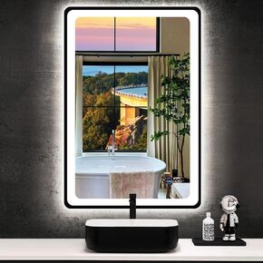 16 x 24 Inch Black Bathroom LED Mirror with Black Frame Lighted Vanity Mirror with Lights for Bathroom Wall LED Mirror 3 Color Dimmable Anti Fog 24" Black Framed Bathroom Smart Light up Mirror