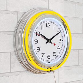 Trademark Gameroom Lavish Home Retro Neon Wall Clock - Battery Operated Wall Clock Vintage Bar Garage Kitchen Game Room – 14 Inch Round Analog (Yellow and White), 14.5" x (H) 3" (99-1099YEL)