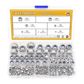 304 Stainless Steel Lock Nut Assortment 180 Pieces, M3 M4 M5 M6 M8 M10 M12 Nylon Insert Locknut