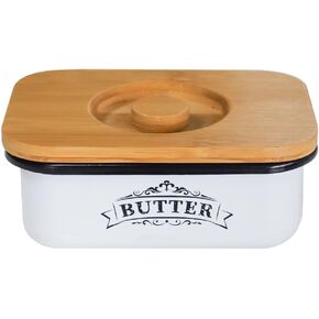 SOTECH Butter Dish with Lid Farmhouse Style Butter Jar for Countertop Small Metal Box and Thicker Bamboo Cover Butter Keeper Vintage