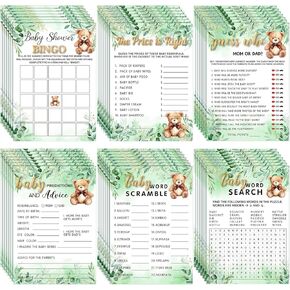 Jetec 302 Pcs Bear Baby Shower Game, 6 Games, 50 Sheets Each, Baby Shower Bingo, Baby Word Scramble, Baby Word Search, Baby Predictions and Advice, The Price is Right, Guess Who (Greenery Bear)