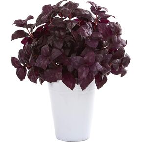 Nearly Natural 14in. Basil Artificial White Planter Silk Plants, Purple