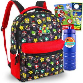 Mario Backpack for Boys 6-8 - Bundle with 16" Super Mario Backpack Plus Water Bottle, Stickers, More | Super Mario Bros Backpack for Kids