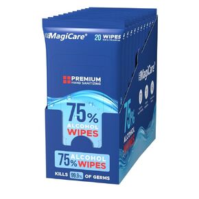 MagiCare 75% Alcohol Wipes (Travel Packs) - Premium, Large, Unscented Alcohol Hand Wipes, Travel Size - Hand Sanitizing Wipes - Travel Bag, Car, Camping - 10 Packs of 20 (200 Wipes)