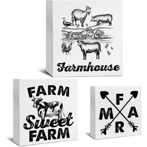 3 Pcs Farmhouse Wood Signs Decor Farmhouse Wood Block Signs Rustic Farm Sweet Farm Wooden Box Signs Decorations for Home Tiered Tray Desk Table Shelf