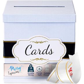 Merry Expressions Gift Card Box with 2 Black & White Ribbons in Gold Trim & Cards Label - 10"x10"x10" Large - for Weddings, Graduations, Birthdays or Baby Showers