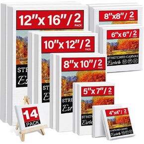 14 Packs Stretched Canvases for Painting, MultiSize 12x16, 10x12, 8x10, 5x7, 8x8, 6x6, 4x4 (2 of Each), Primed Blank Canvas for Oil, Acrylic Paint,for Beginner, Artist.