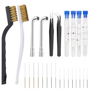 26Pcs 3D Printer Nozzle Wrench Cleaning Kit, Anglecai 16 Nozzle Cleaning Needles for Unclogging/ 4 Storage Tubes/ 2 L-Shaped Wrench for Fastening/ 2 Copper Wire Brushes/ 2 Tweezers for Details