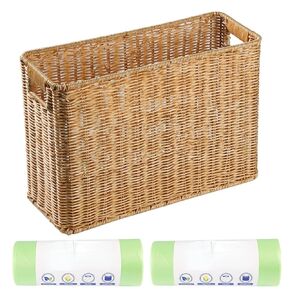 سلة مهملات من الخوص البلاستيكية، سلة مهملات منسوجة مع 60 كيس قمامة، سلة مهملات الحمام البنية، سلة مهملات كبيرة، سلة مهملات ضيقة ضيقة لمكتب الغسيل (15 * 6 * 10 بوصة) in Kuwait