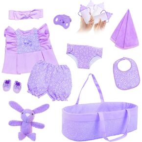 11 Pcs Baby Doll Clothes with Purple Floral Design Baby Doll Bassinet & Accessories for 17-22 Inch Baby Doll, Baby Doll Clothes Outfit Accessories Fit Reborn Baby Doll