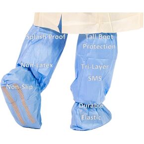 Tri-Layer SMS 18" Tall Heavy Duty Disposable Medical Grade Boot and Shoe Covers Non-Slip Protectors - Protect from Water, Fluids, Dust, Dirt, Mud, Snow, Sand, Grass, and other Mess! (10 Pairs)