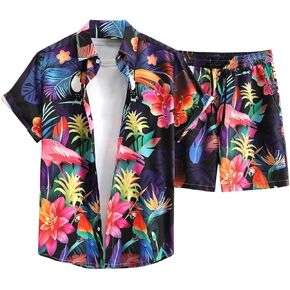 SOLY HUX Men's Hawaiian 2 Piece Outfits Tropical Print Short Sleeve Button Down Shirt and Shorts Set